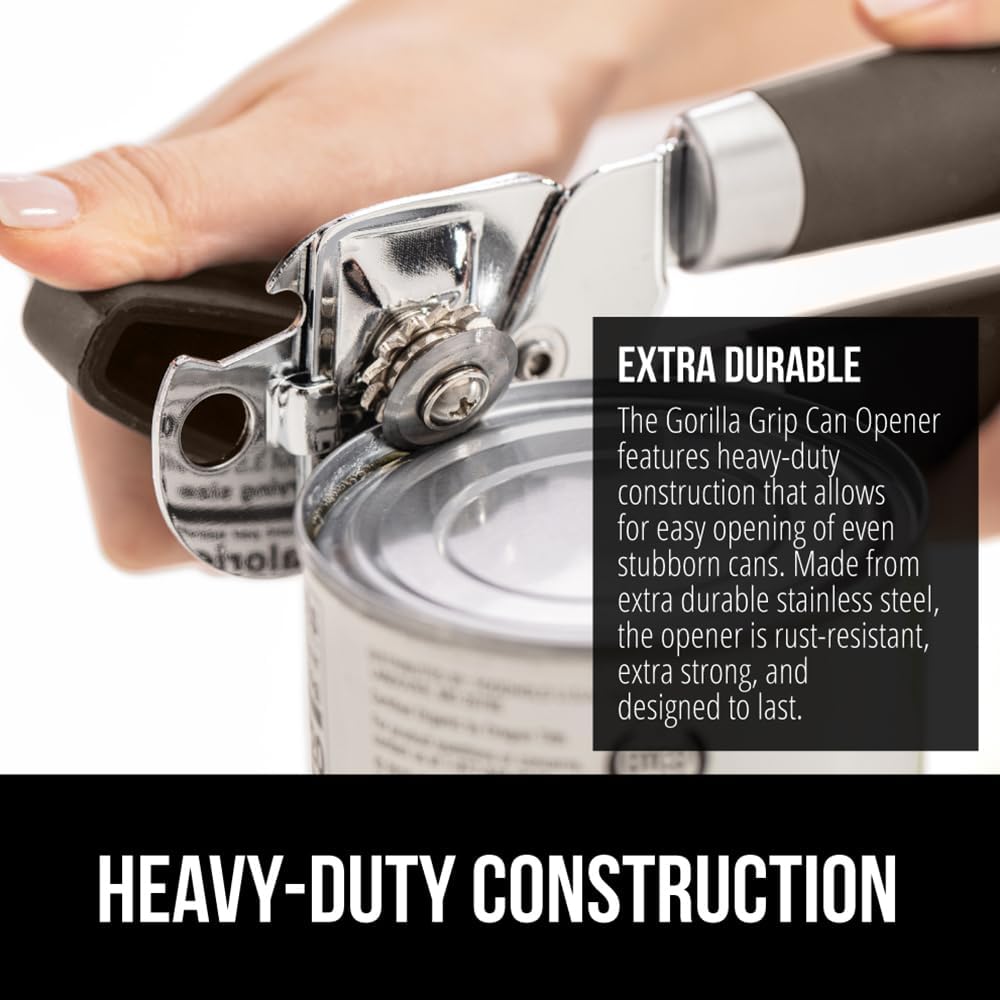 The Original Gorilla Grip Heavy Duty Stainless Steel Smooth Edge Manual Can Opener and Bottle Openers, Soft Handle, Rust Proof Oversized Handheld Easy Turn Knob, Multifunctional Kitchen Tool, Black