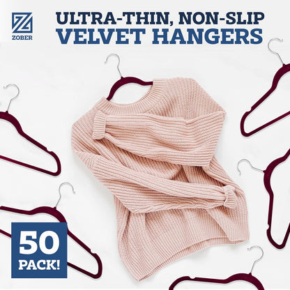 Zober Velvet Hangers 50 Pack - Heavy Duty Black Hangers for Coats, Pants & Dress Clothes - Non Slip Clothes Hanger Set - Space Saving Felt Hangers for Clothing