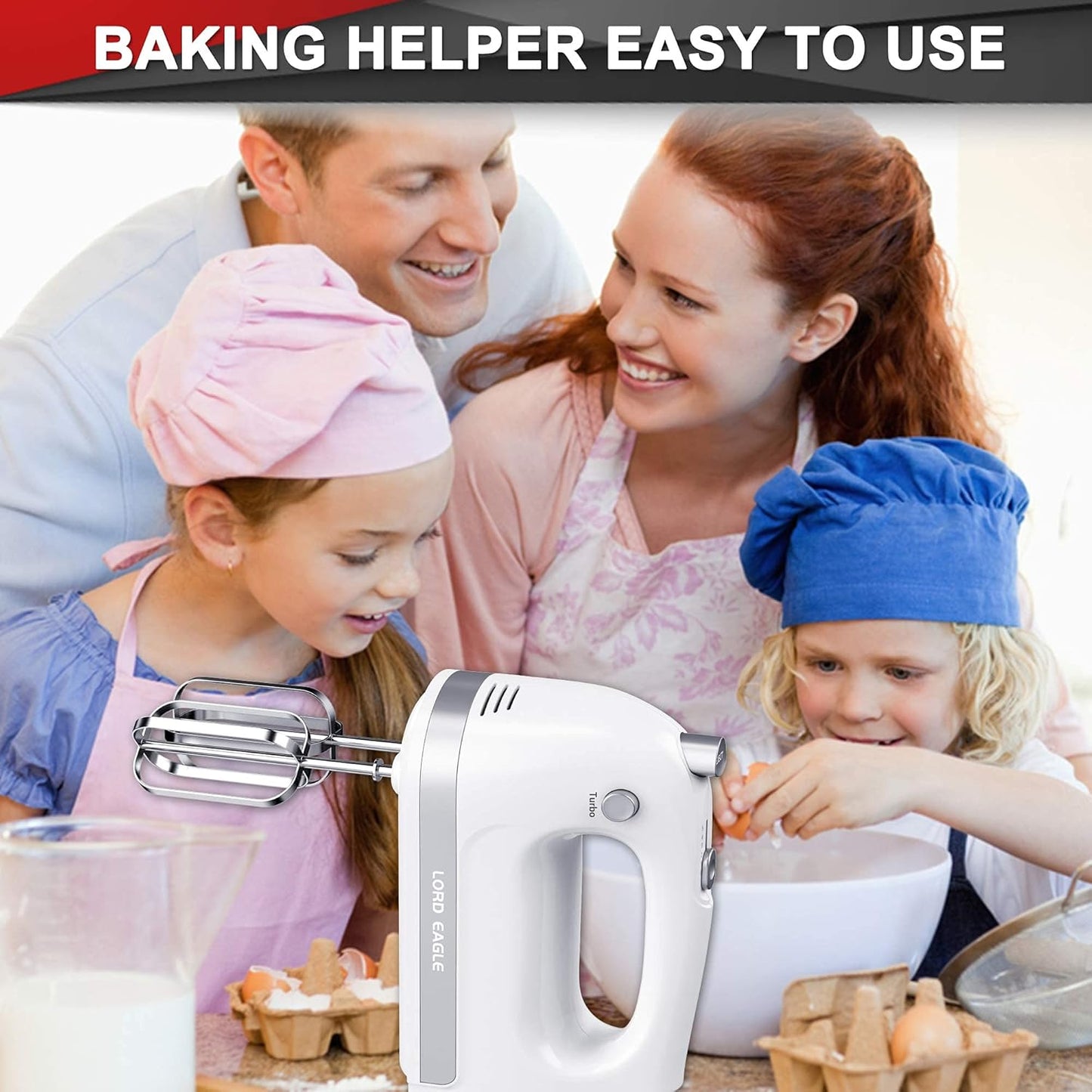 Lord Eagle Hand Mixer Electric, 400W Power handheld Mixer for Baking Cake Egg Cream Food Beater, Turbo Boost/Self-Control Speed + 5 Speed + Eject Button + 5 Stainless Steel Accessories (White)