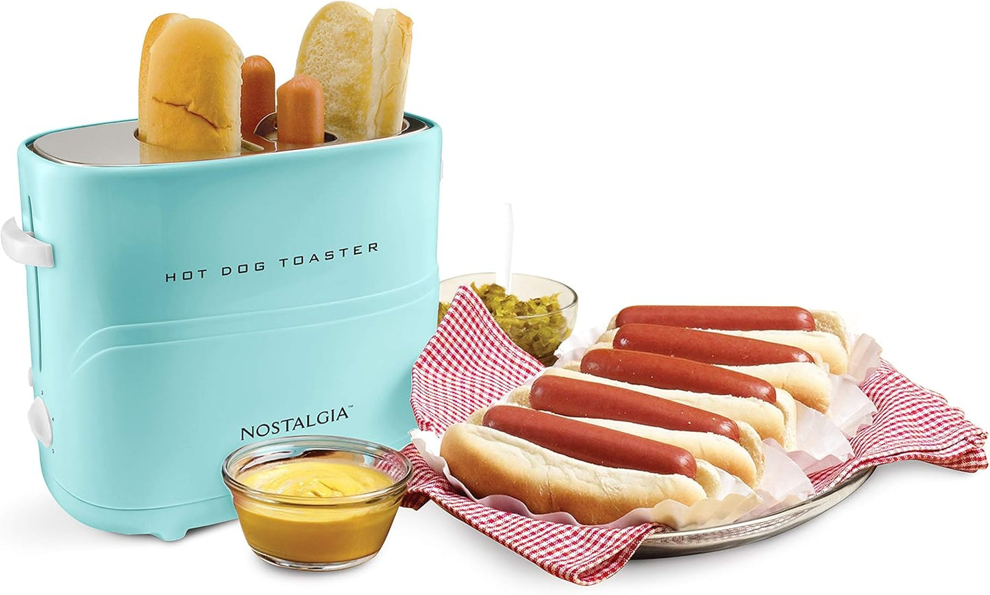 Nostalgia 2 Slot Hot Dog and Bun Toaster with Mini Tongs, Retro Toaster, Cooker that Works Chicken, Turkey, Veggie Links, Sausages Brats, Metallic Red