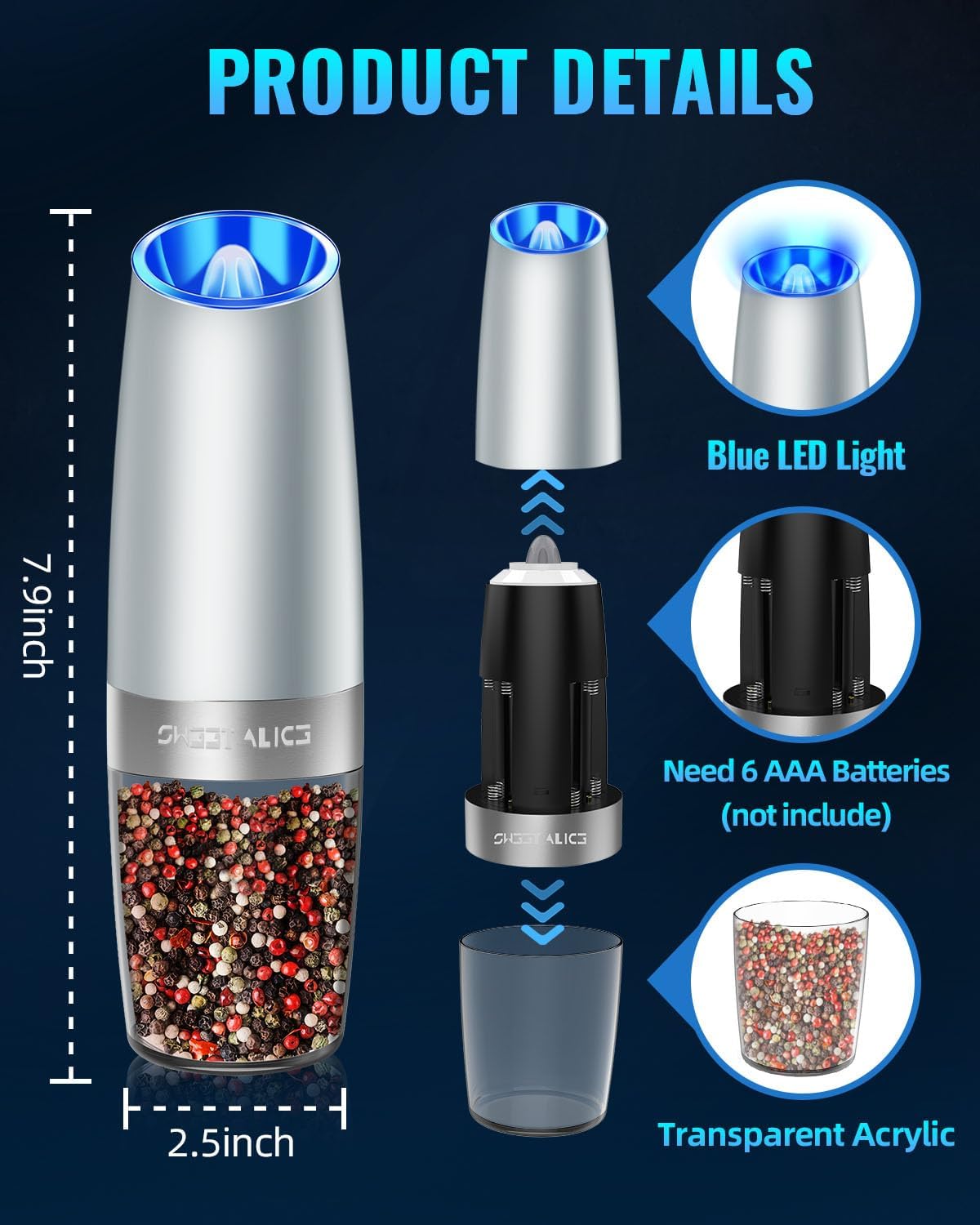 Sweet Alice Gravity Electric Pepper and Salt Grinder Set, Adjustable Coarseness, Battery Powered with LED Light, One Hand Automatic Operation, Stainless Steel Black, 2 Pack