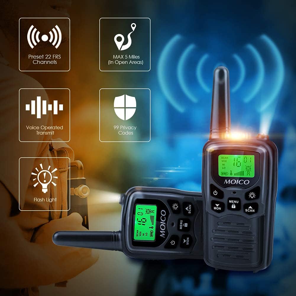 Walkie Talkies, MOICO Long Range Walkie Talkies for Adults with 22 FRS Channels, Family Walkie Talkie with LED Flashlight VOX LCD Display for Hiking Camping Trip (Orange 2 Pack)