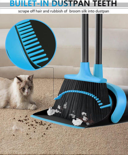 Broom with Dustpan Combo Set, Upgrade Broom and Dustpan Set for Home, 52'' Long Handle Broom and Dustpan Set, Standing Dustpan and Broom for Kitchen Office Lobby Floor