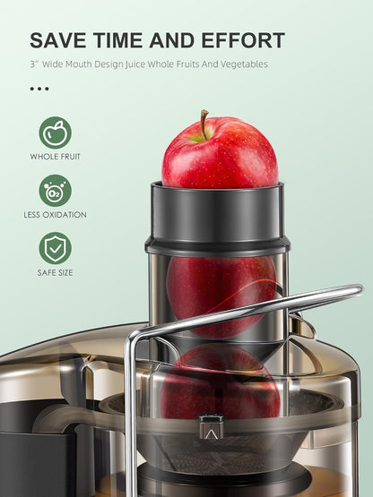 Qcen Juicer Machine, 800W Centrifugal Juicer Extractor with Wide Mouth 3” Feed Chute for Fruit Vegetable, Easy to Clean, Stainless Steel, BPA-free (Black)