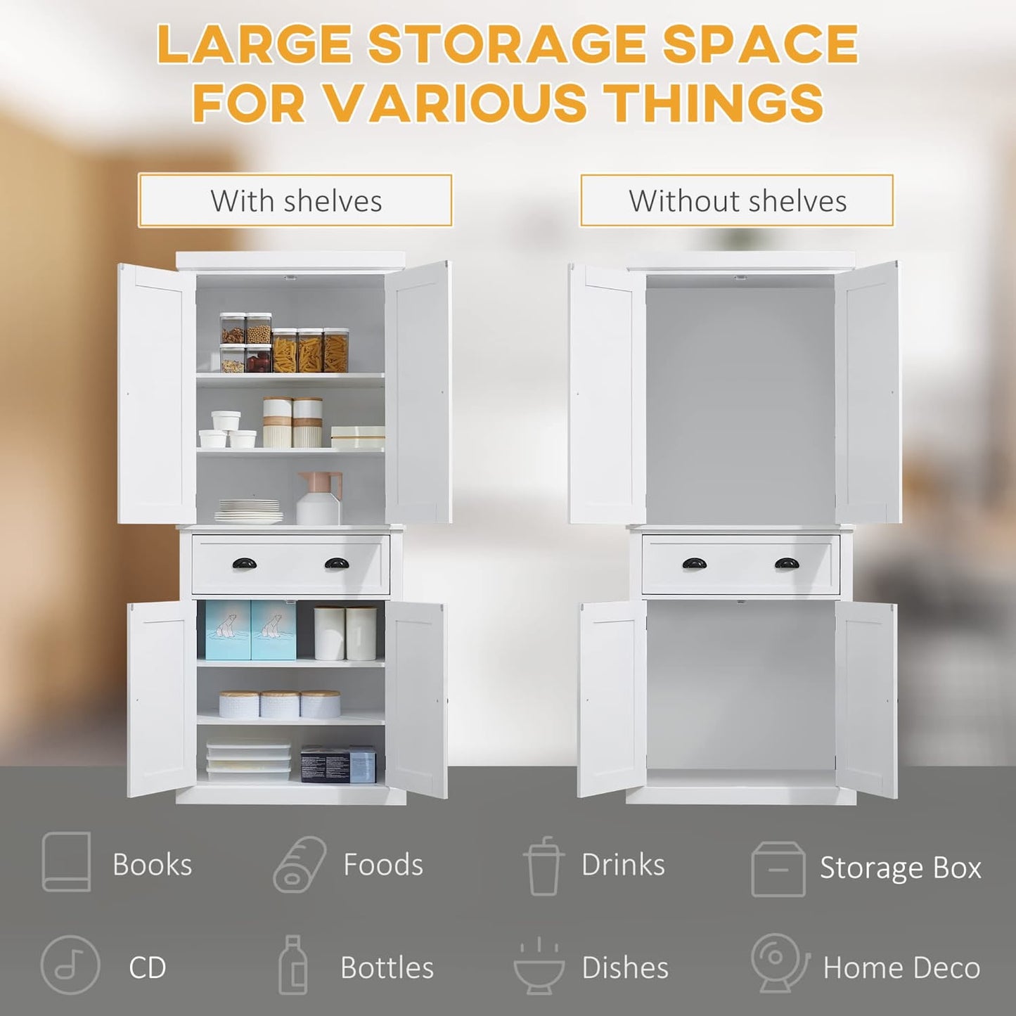 HOMCOM 72" Traditional Freestanding Kitchen Pantry Cupboard with 2 Cabinet