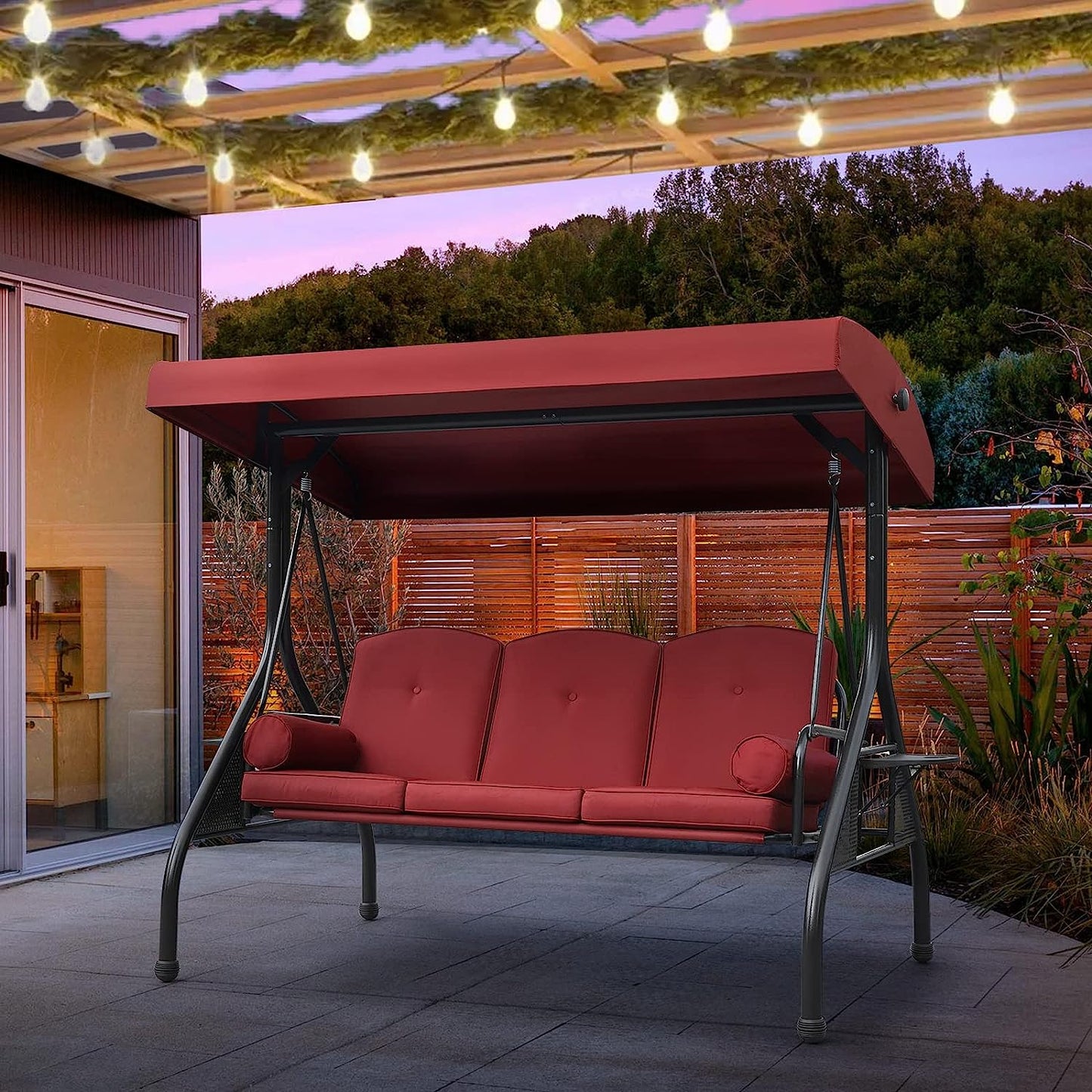 NOBLEMOOD Patio Porch Swing, 3-Seat Outdoor Swing with Adjustable Canopy, Thickened Cushion, Pillow and Foldable Side Tray for Patio, Backyard, Porch Swing Bed for Spring(Khaki)