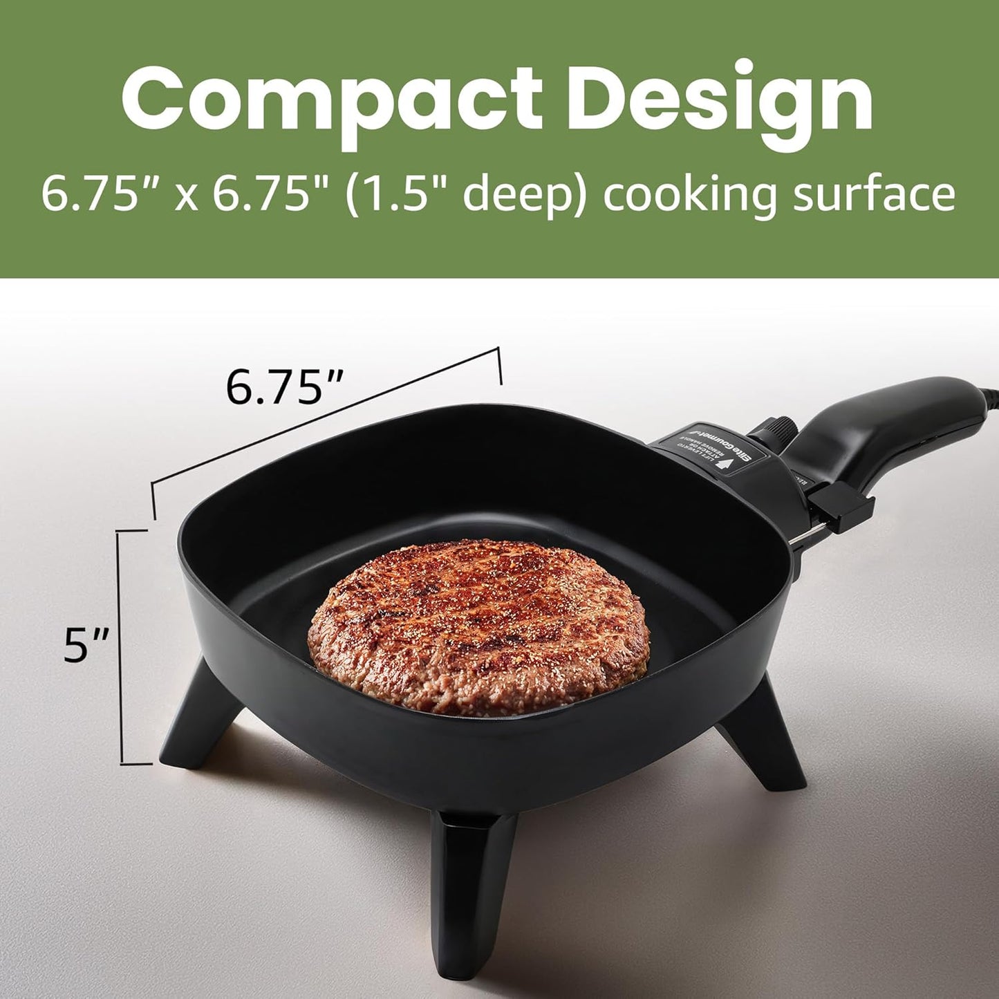 Elite Gourmet EFS-400 Personal Stir Fry Griddle Pan, Rapid Heat Up, 600 Watts Non-stick Electric Skillet with Tempered Glass Lid, Size 7" x 7"