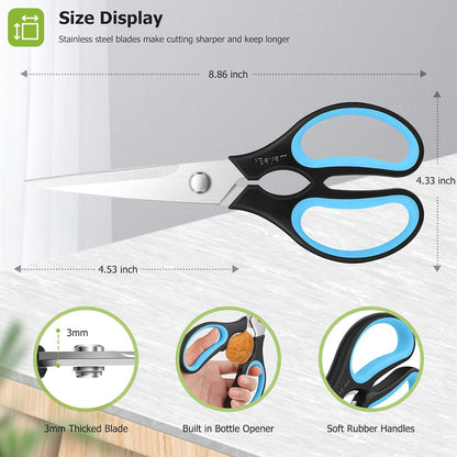 iBayam Kitchen Scissors All Purpose Heavy Duty Meat Poultry Shears, Dishwasher Safe Food Cooking Scissors Stainless Steel Utility Scissors, 2-Pack (Black Red, Black Gray)