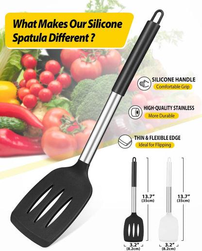 Pack of 2 Silicone Solid Turner,Non Stick Slotted Kitchen Spatulas,High Heat Resistant BPA Free Cooking Utensils,Ideal Cookware for Fish,Eggs,Pancakes (Black)