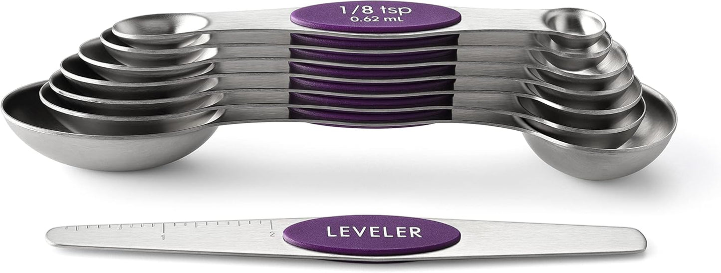 Spring Chef Magnetic Measuring Spoons Set with Strong N45 Magnets, Heavy Duty Stainless Steel Metal, Fits in Most Kitchen Spice Jars for Baking & Cooking, BPA Free, Black, Set of 8 with Leveler