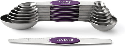 Spring Chef Magnetic Measuring Spoons Set with Strong N45 Magnets, Heavy Duty Stainless Steel Metal, Fits in Most Kitchen Spice Jars for Baking & Cooking, BPA Free, Black, Set of 8 with Leveler