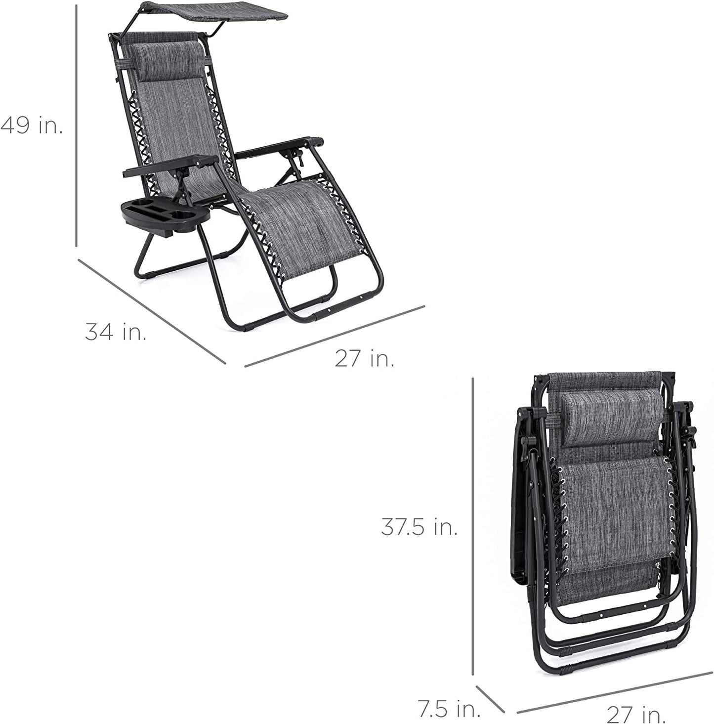 Folding Zero Gravity Outdoor Recliner Patio Lounge Chair w/Adjustable Canopy Shade, Headrest, Side Accessory Tray, Textilene Mesh - Beige