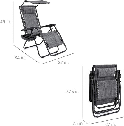 Folding Zero Gravity Outdoor Recliner Patio Lounge Chair w/Adjustable Canopy Shade, Headrest, Side Accessory Tray, Textilene Mesh - Beige