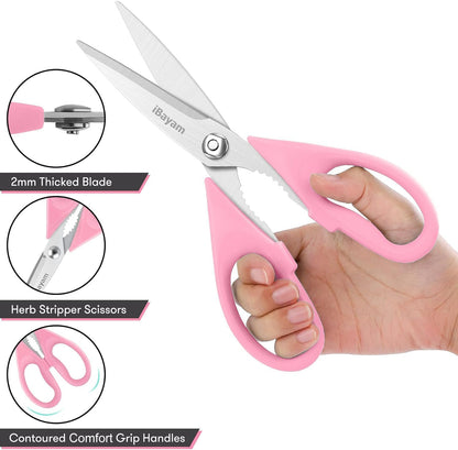 iBayam Kitchen Scissors All Purpose Heavy Duty Meat Poultry Shears, Dishwasher Safe Food Cooking Scissors Stainless Steel Utility Scissors, 2-Pack (Black Red, Black Gray)