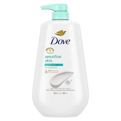 Dove Body Wash 3 Count with Pump Sensitive Skin Hypoallergenic, Paraben-Free, Sulfate-Free, Cruelty-Free, Moisturizing Skin Cleanser Effectively Washes Away Bacteria While Nourishing Skin 30.6 oz