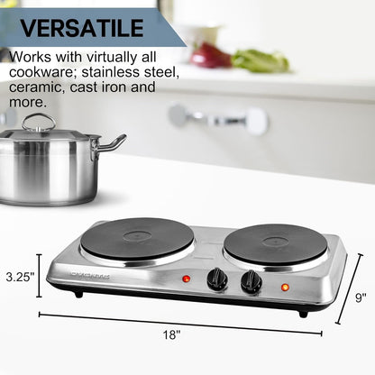 OVENTE Electric Countertop Double Burner, 1700W Cooktop with 7.25" and 6.10" Cast Iron Hot Plates, Temperature Control, Portable Cooking Stove and Easy to Clean Stainless Steel Base, Black BGS102B