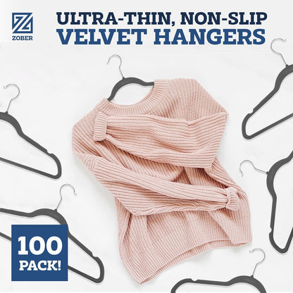 Zober Velvet Hangers 50 Pack - Heavy Duty Black Hangers for Coats, Pants & Dress Clothes - Non Slip Clothes Hanger Set - Space Saving Felt Hangers for Clothing