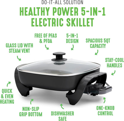 GreenLife 12" 5QT Square Electric Skillet, Glass Vented Lid, Ceramic PFAS-Free Nonstick Interior, Adjustable Temperature Control, Cool Touch Handles, Quick Even Heating, Scratch Resistant, Turquoise