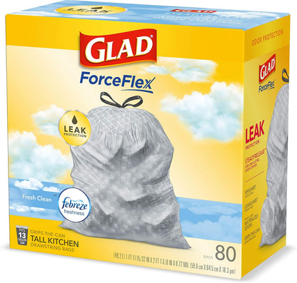 Glad Tall Kitchen Drawstring Trash Bags - Odorshield 13 Gallon White Trash Bag, Febreze Fresh Clean, 110 Count