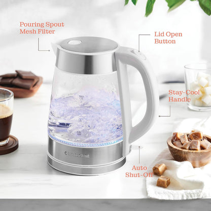 Speed-Boil Electric Kettle For Coffee & Tea - 1.7L Water Boiler 1500W, Borosilicate Glass, Easy Clean Wide Opening, Auto Shut-Off, Cool Touch Handle, LED Light. 360° Rotation, Boil Dry Protection