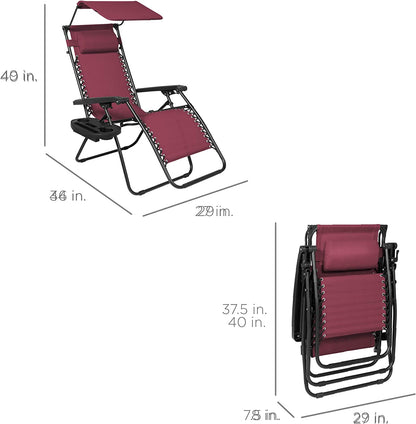 Folding Zero Gravity Outdoor Recliner Patio Lounge Chair w/Adjustable Canopy Shade, Headrest, Side Accessory Tray, Textilene Mesh - Beige