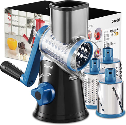 Geedel Rotary Cheese Grater, Kitchen Mandoline Vegetable Slicer with 3 Interchangeable Blades, Easy to Clean Grater for Fruit, Vegetables, Nuts