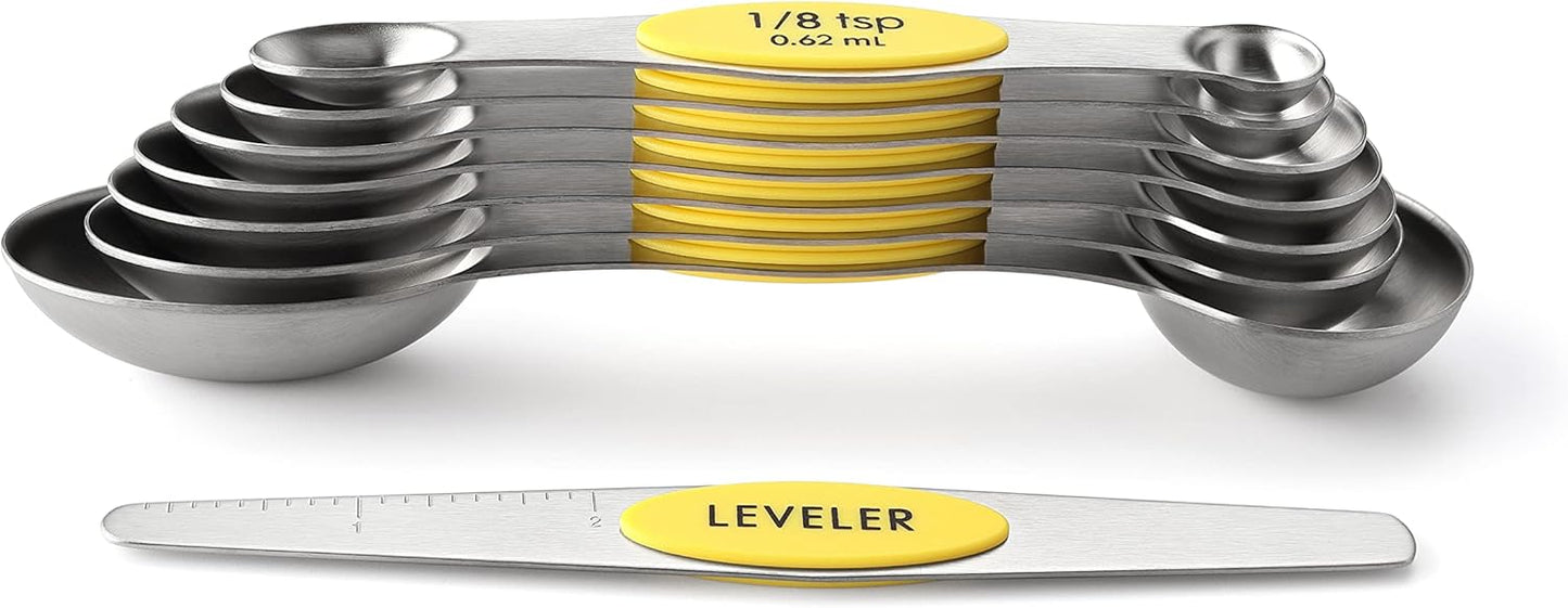 Spring Chef Magnetic Measuring Spoons Set with Strong N45 Magnets, Heavy Duty Stainless Steel Metal, Fits in Most Kitchen Spice Jars for Baking & Cooking, BPA Free, Black, Set of 8 with Leveler