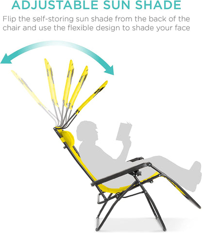 Folding Zero Gravity Outdoor Recliner Patio Lounge Chair w/Adjustable Canopy Shade, Headrest, Side Accessory Tray, Textilene Mesh - Beige