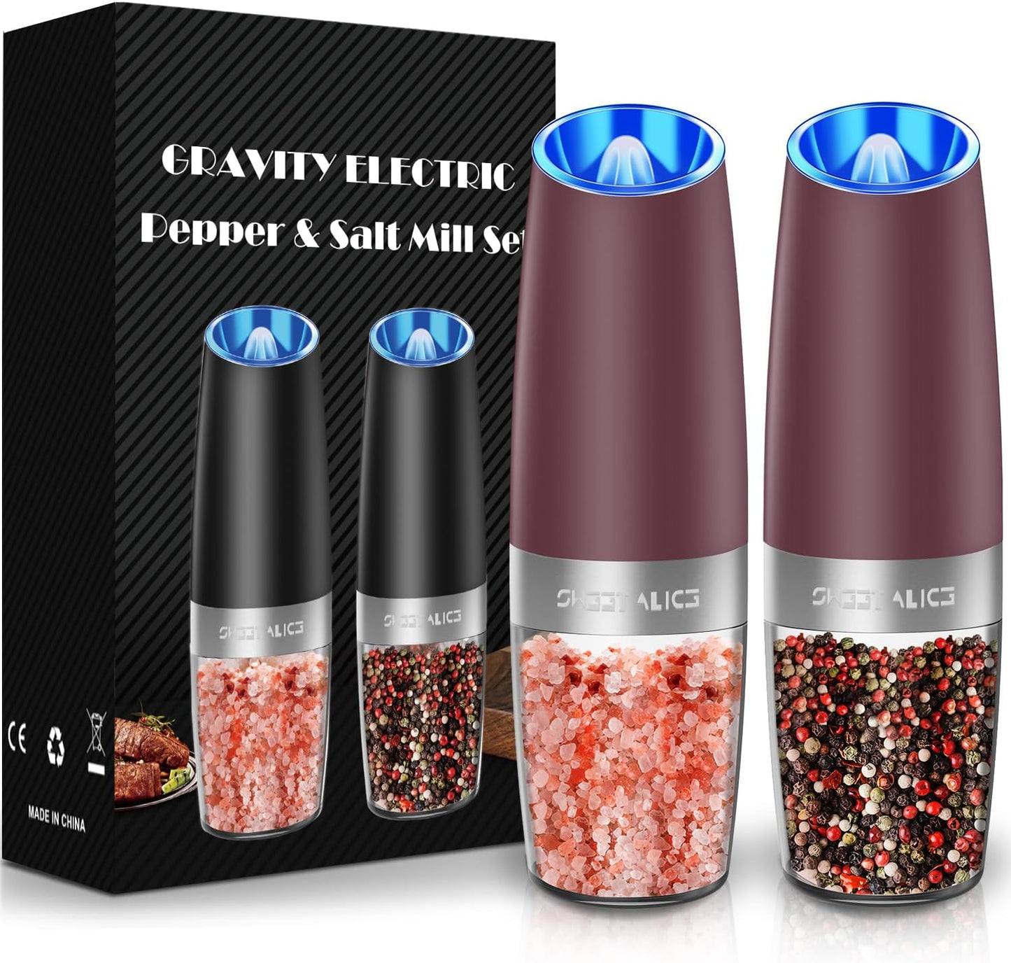 Sweet Alice Gravity Electric Pepper and Salt Grinder Set, Adjustable Coarseness, Battery Powered with LED Light, One Hand Automatic Operation, Stainless Steel Black, 2 Pack