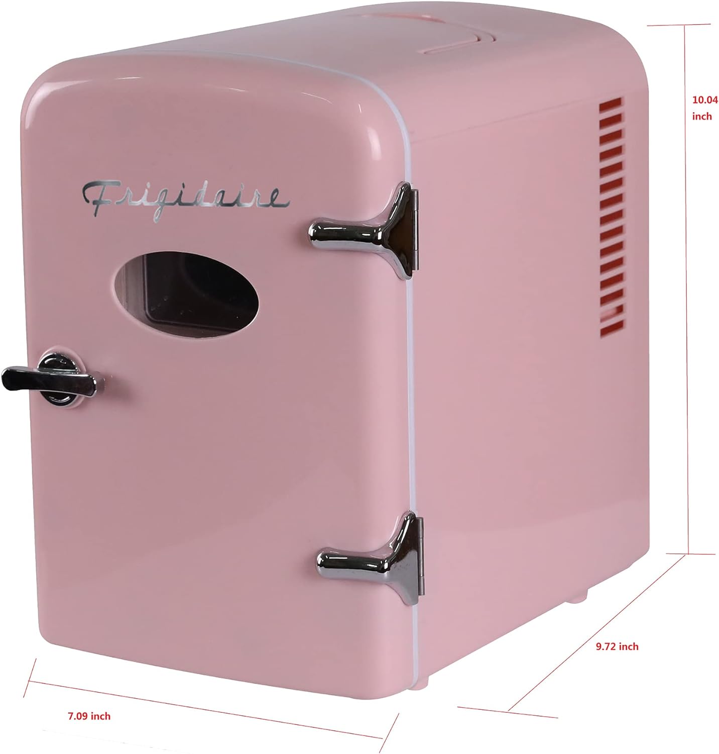 Frigidaire Retro Mini Fridge Cooler, 4L Capacity Chills 6 12oz Cans, 100% Freon-Free & Eco Friendly, Portable Fridge for Car, Office, Bedroom, Dorm Room, or Cabin - 9.84"D x 7.09"W x 10.35"H (Pink)