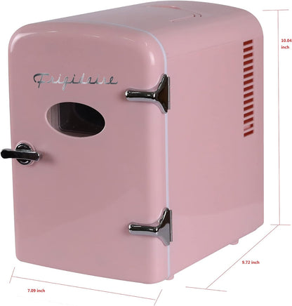 Frigidaire Retro Mini Fridge Cooler, 4L Capacity Chills 6 12oz Cans, 100% Freon-Free & Eco Friendly, Portable Fridge for Car, Office, Bedroom, Dorm Room, or Cabin - 9.84"D x 7.09"W x 10.35"H (Pink)