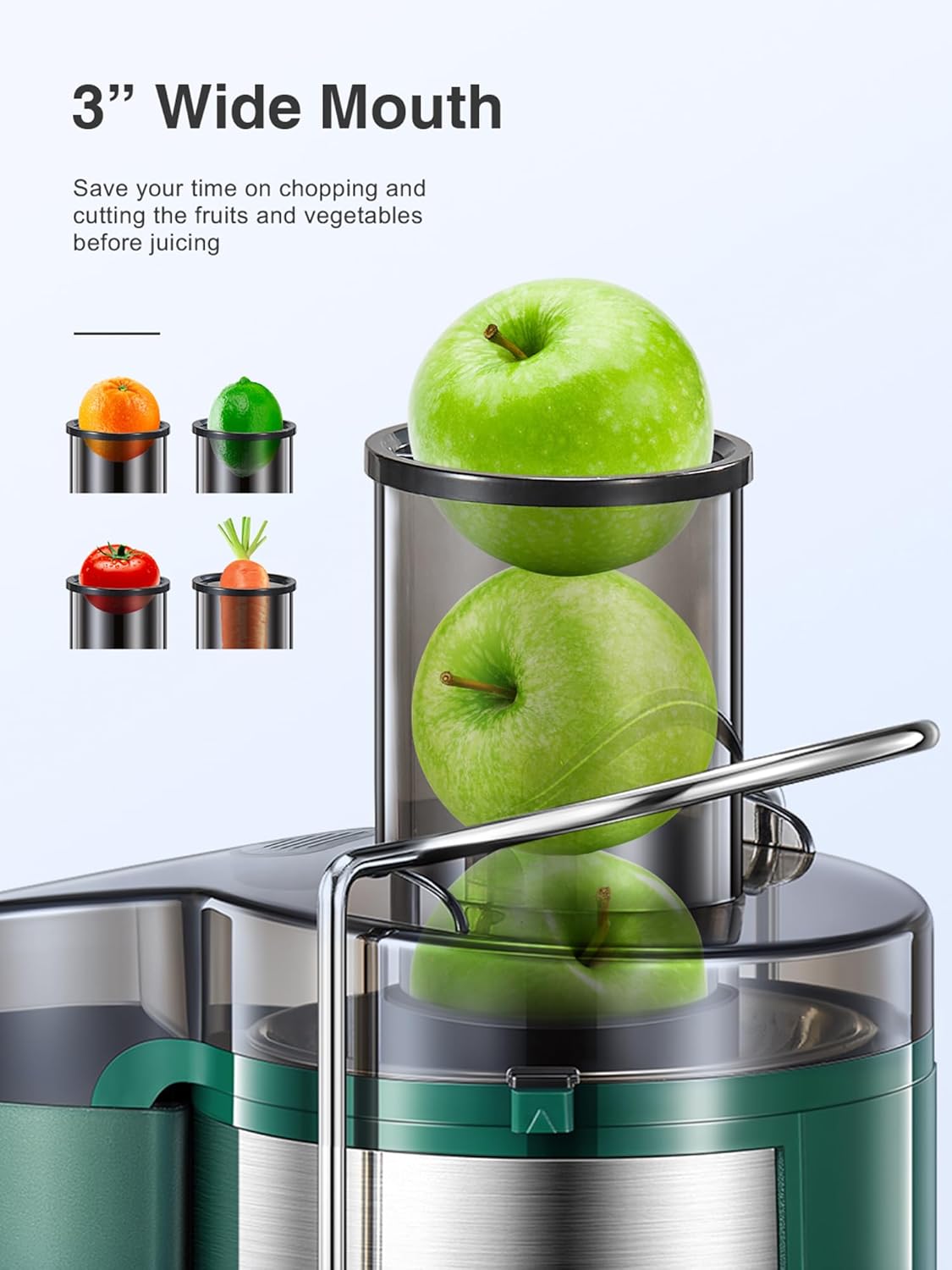Qcen Juicer Machine, 800W Centrifugal Juicer Extractor with Wide Mouth 3” Feed Chute for Fruit Vegetable, Easy to Clean, Stainless Steel, BPA-free (Black)
