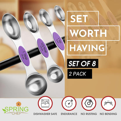 Spring Chef Magnetic Measuring Spoons Set with Strong N45 Magnets, Heavy Duty Stainless Steel Metal, Fits in Most Kitchen Spice Jars for Baking & Cooking, BPA Free, Black, Set of 8 with Leveler