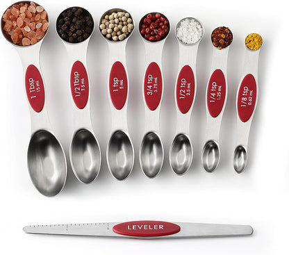 Spring Chef Magnetic Measuring Spoons Set with Strong N45 Magnets, Heavy Duty Stainless Steel Metal, Fits in Most Kitchen Spice Jars for Baking & Cooking, BPA Free, Black, Set of 8 with Leveler