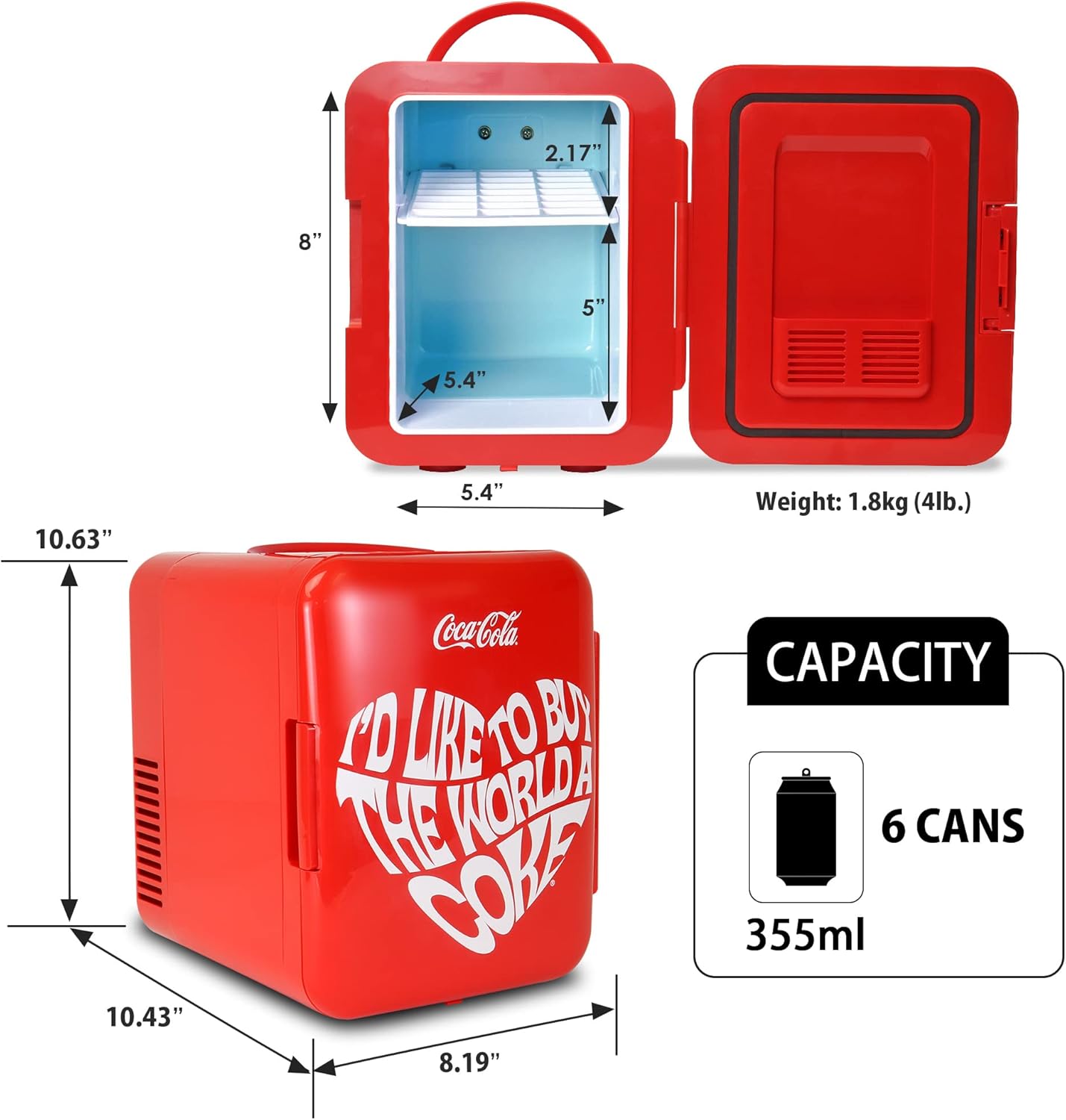 Coca-Cola Classic Coke Bottle 4L Mini Fridge w/ 12V DC and 110V AC Cords, 6 Can Portable Cooler, Personal Travel Refrigerator for Snacks Lunch Drinks Cosmetics, Desk Home Office Dorm, Red