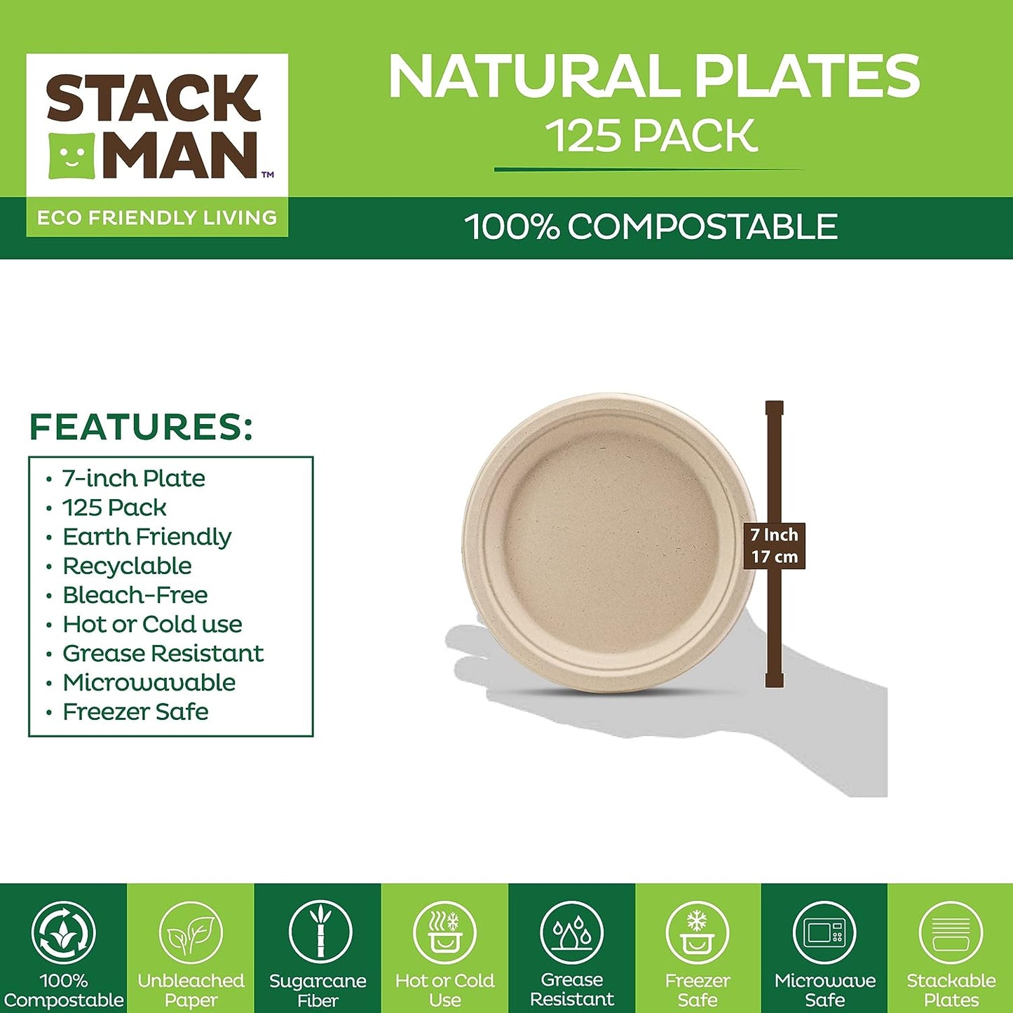Paper Plates, 100% Compostable Heavy Duty Disposable Plate - [125-Pack] - {PFAS-Free} - {BPI Certified} - [9 Inch] Eco-Friendly, Biodegradable Bagasse Natural Brown 9" Dinner Plates - By Stack Man