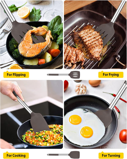 Pack of 2 Silicone Solid Turner,Non Stick Slotted Kitchen Spatulas,High Heat Resistant BPA Free Cooking Utensils,Ideal Cookware for Fish,Eggs,Pancakes (Black)