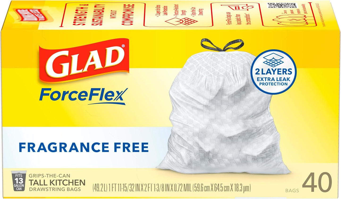 Glad Tall Kitchen Drawstring Trash Bags - Odorshield 13 Gallon White Trash Bag, Febreze Fresh Clean, 110 Count