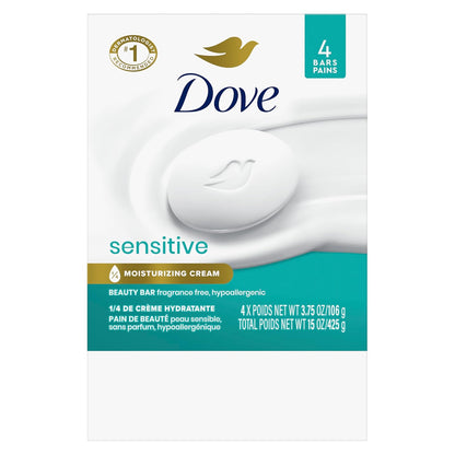 Dove Beauty Bar More Moisturizing Than Bar Soap for Softer Skin, Fragrance-Free, Hypoallergenic Beauty Bar Sensitive Skin With Gentle Cleanser 3.75 oz 14 Bars