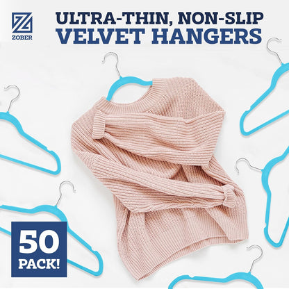Zober Velvet Hangers 50 Pack - Heavy Duty Black Hangers for Coats, Pants & Dress Clothes - Non Slip Clothes Hanger Set - Space Saving Felt Hangers for Clothing