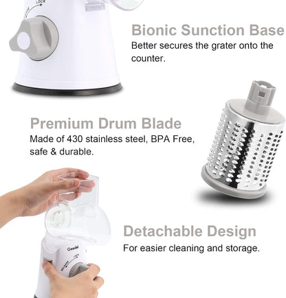 Geedel Rotary Cheese Grater, Kitchen Mandoline Vegetable Slicer with 3 Interchangeable Blades, Easy to Clean Grater for Fruit, Vegetables, Nuts
