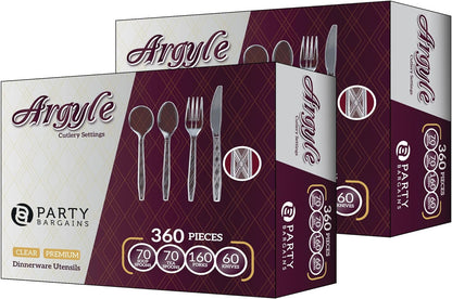 Party Bargains Disposable Cutlery set, SAPPHIRE Design, Clear Color, 360 Pieces: 180 Forks, 120 Spoons, 60 Knives