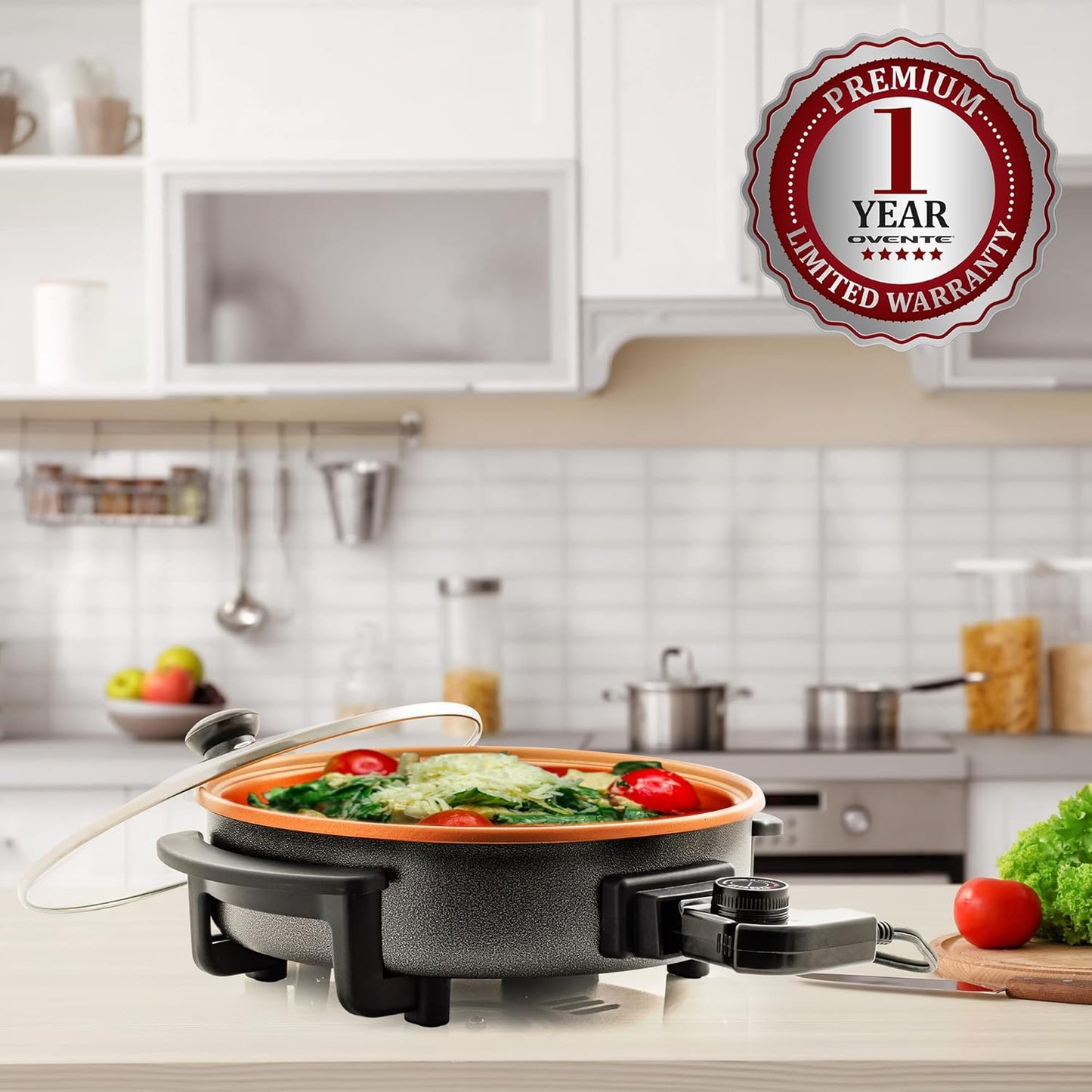 OVENTE 12 Inch Electric Skillet and Frying Pan with Nonstick Coating, 1400W Power, Adjustable Temperature Control, Tempered Glass Lid with Vent and Cool Touch Handles, Black SK11112B