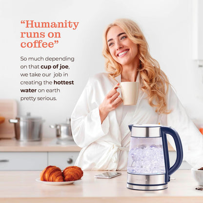 Speed-Boil Electric Kettle For Coffee & Tea - 1.7L Water Boiler 1500W, Borosilicate Glass, Easy Clean Wide Opening, Auto Shut-Off, Cool Touch Handle, LED Light. 360° Rotation, Boil Dry Protection