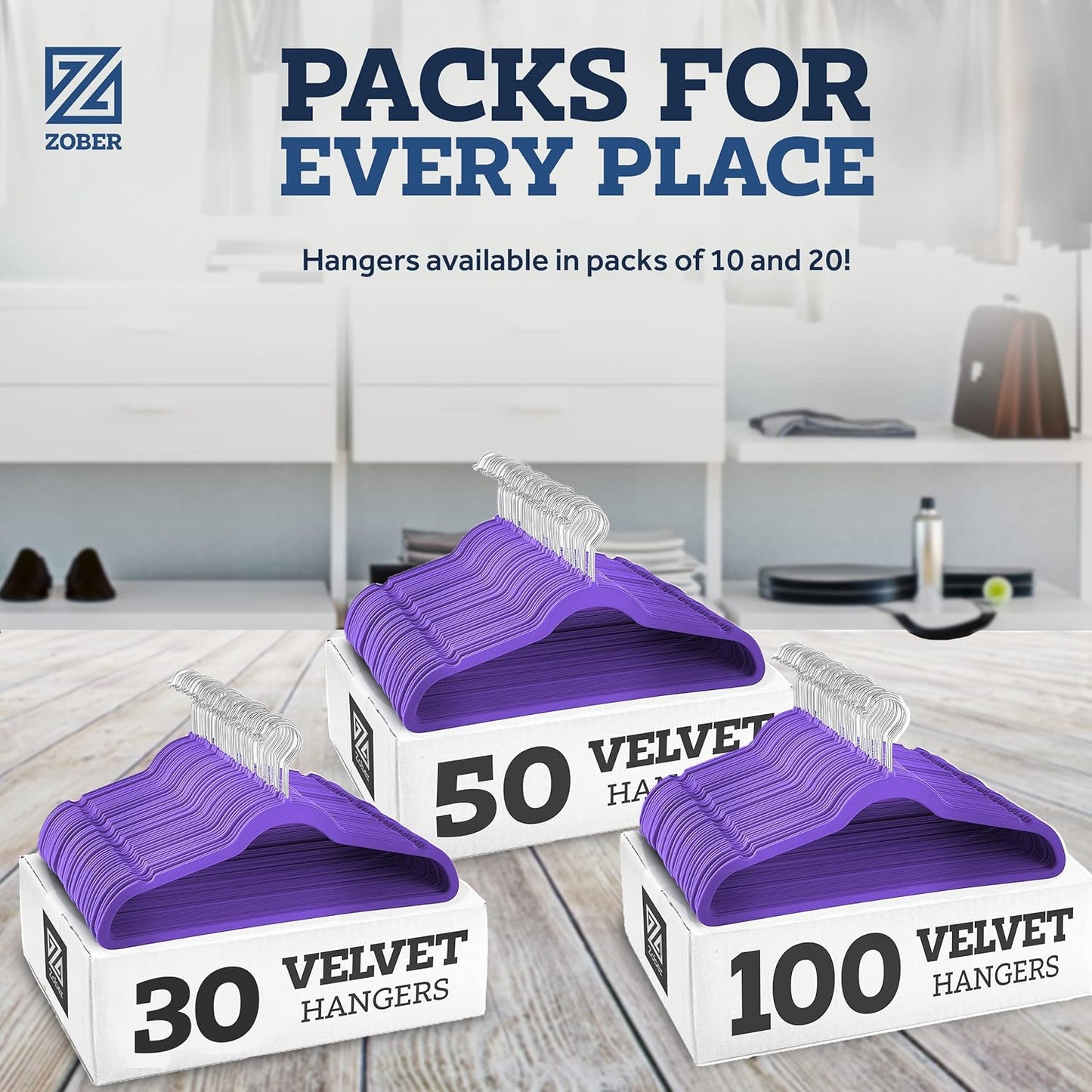 Zober Velvet Hangers 50 Pack - Heavy Duty Black Hangers for Coats, Pants & Dress Clothes - Non Slip Clothes Hanger Set - Space Saving Felt Hangers for Clothing