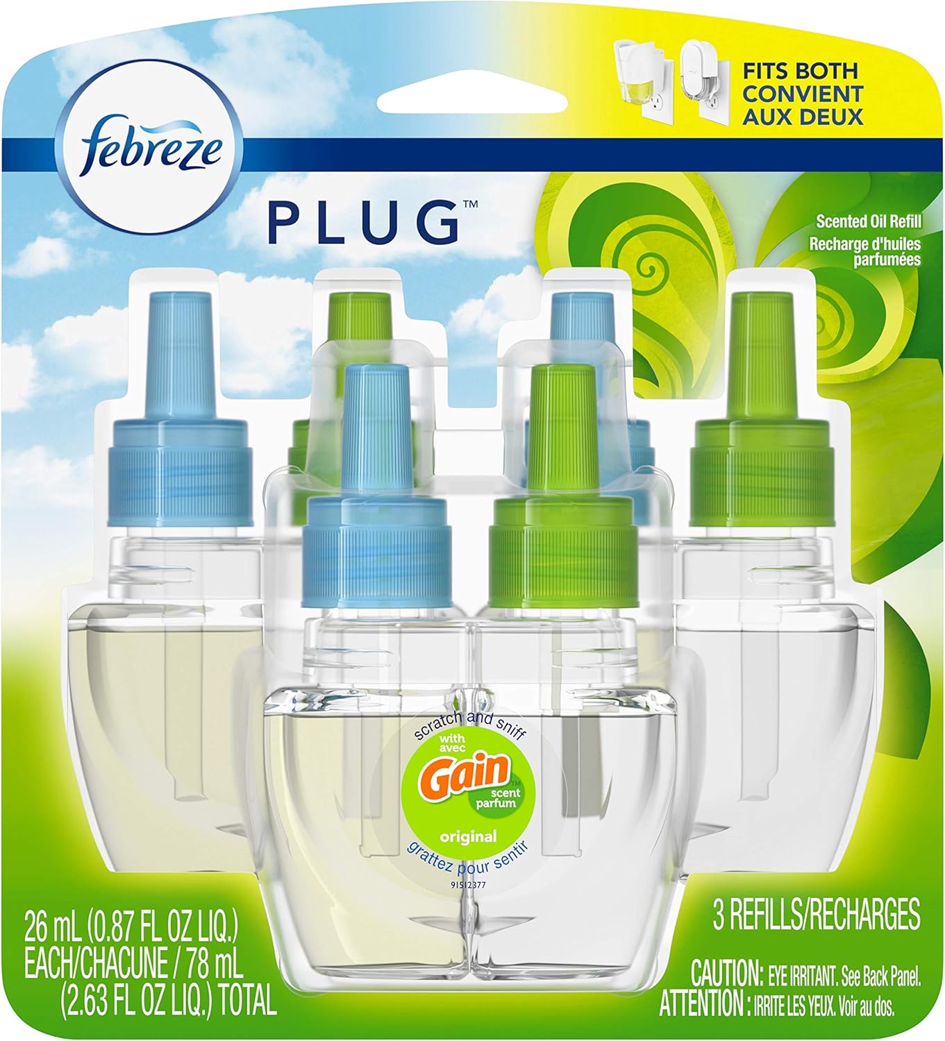 Febreze Plug in Air Fresheners, Gain Original Scent, Odor Eliminator for Strong Odors, Scented Oil Refill (3 Count)