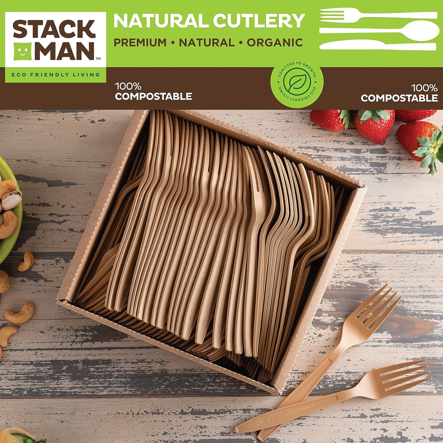 Paper Plates, 100% Compostable Heavy Duty Disposable Plate - [125-Pack] - {PFAS-Free} - {BPI Certified} - [9 Inch] Eco-Friendly, Biodegradable Bagasse Natural Brown 9" Dinner Plates - By Stack Man