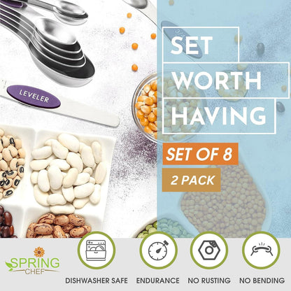 Spring Chef Magnetic Measuring Spoons Set with Strong N45 Magnets, Heavy Duty Stainless Steel Metal, Fits in Most Kitchen Spice Jars for Baking & Cooking, BPA Free, Black, Set of 8 with Leveler