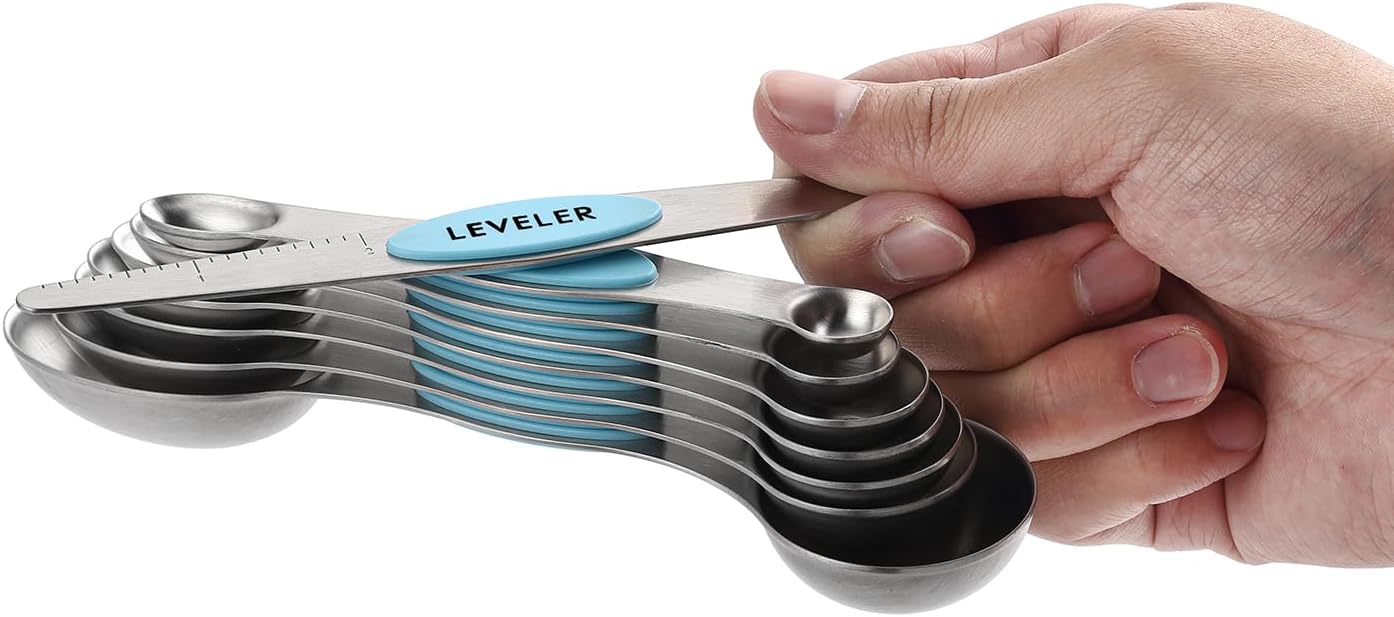 Spring Chef Magnetic Measuring Spoons Set with Strong N45 Magnets, Heavy Duty Stainless Steel Metal, Fits in Most Kitchen Spice Jars for Baking & Cooking, BPA Free, Black, Set of 8 with Leveler