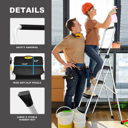 3 Step Ladder, Folding Step Stool with Wide Anti-Slip Pedal, 500lbs Sturdy Steel Ladder, Convenient Handgrip, Lightweight, Portable Steel Step Stool, Black